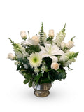 Pure White Lily & Rose Arrangement in Silver Vintage Urn