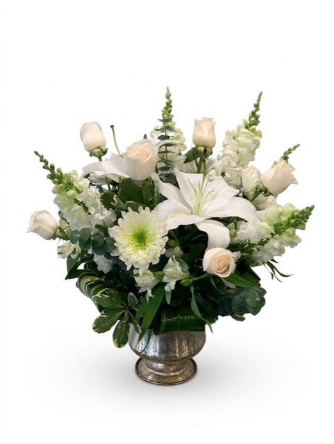 Pure White Lily & Rose Arrangement in Silver Vintage Urn