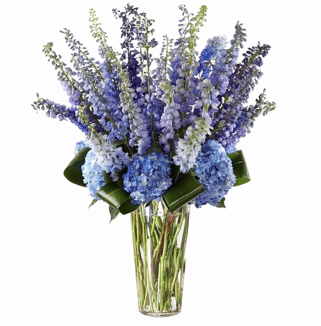 Luxury Blue Delphinium & Hydrangea Floral Arrangement in Clear Glass Vase | Elegant Wedding & Special Event Centerpiece