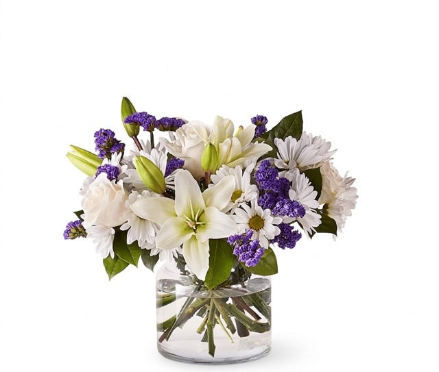 White Lily & Daisy Glass Vase Bouquet