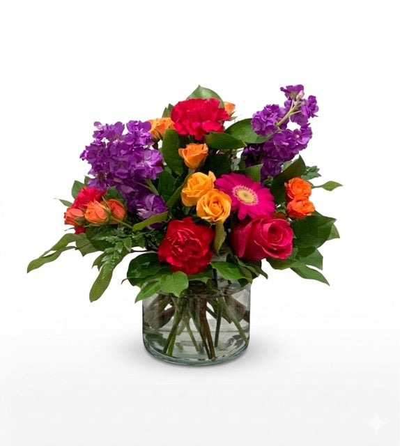 Vibrant Mixed Floral Bouquet in Glass Cylinder Vase