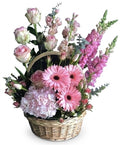 Pink Blossoms Wicker Basket Floral Arrangement