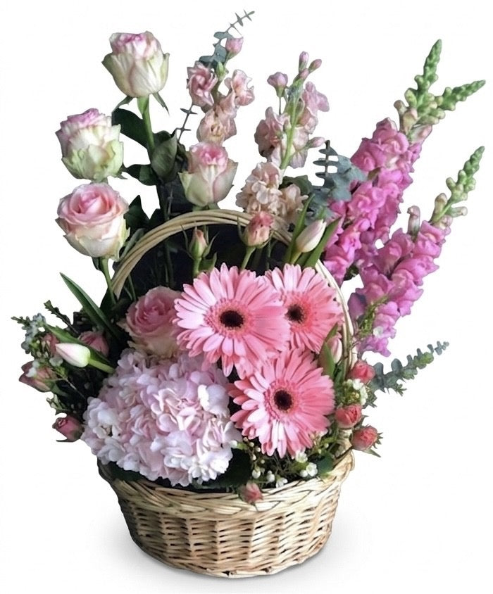 Pink Blossoms Wicker Basket Floral Arrangement