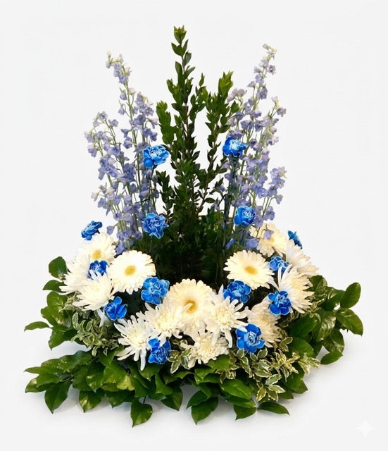 Serene Sky Floral Arrangement – White Gerberas & Blue Carnation Tribute