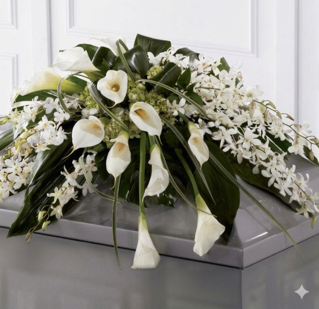 Elegant White Calla Lily & Orchid Casket Spray