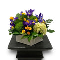 Purple Iris & Yellow Rose Wooden Box Arrangement