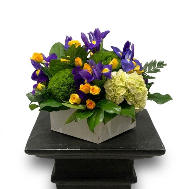 Purple Iris & Yellow Rose Wooden Box Arrangement