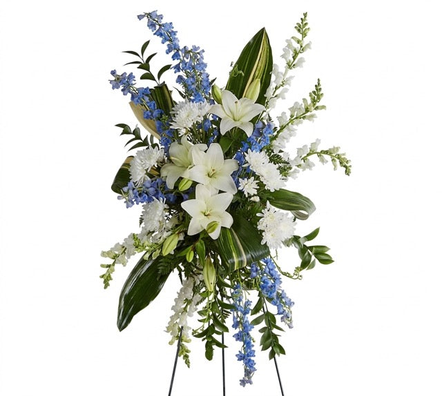 White Lily & Blue Delphinium Sympathy Spray
