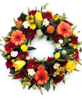 Vibrant Autumn Harvest Flower Wreath – Orange Gerberas, Red Mums & Yellow Roses