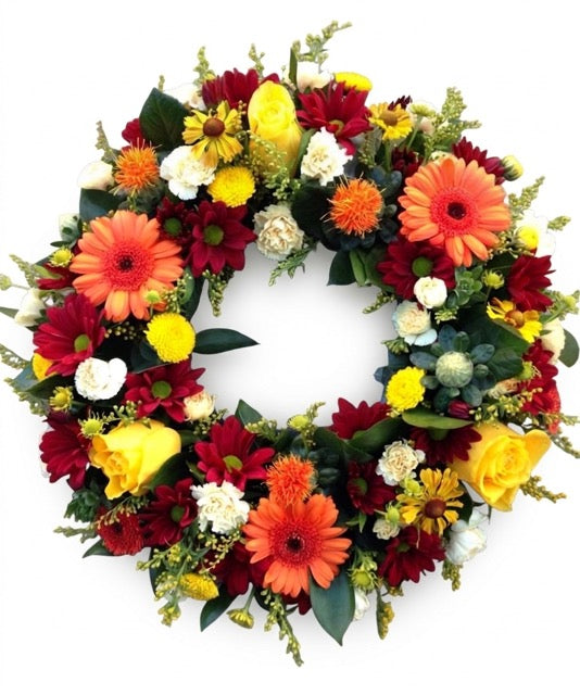 Vibrant Autumn Harvest Flower Wreath – Orange Gerberas, Red Mums & Yellow Roses