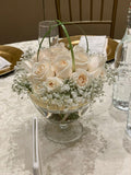 White Rose Wedding Centerpiece in Gold-Trimmed Glass Bowl