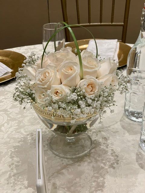 White Rose Wedding Centerpiece in Gold-Trimmed Glass Bowl
