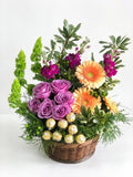 Luxury Flower and Chocolate Gift Basket - Purple Roses & Gerberas