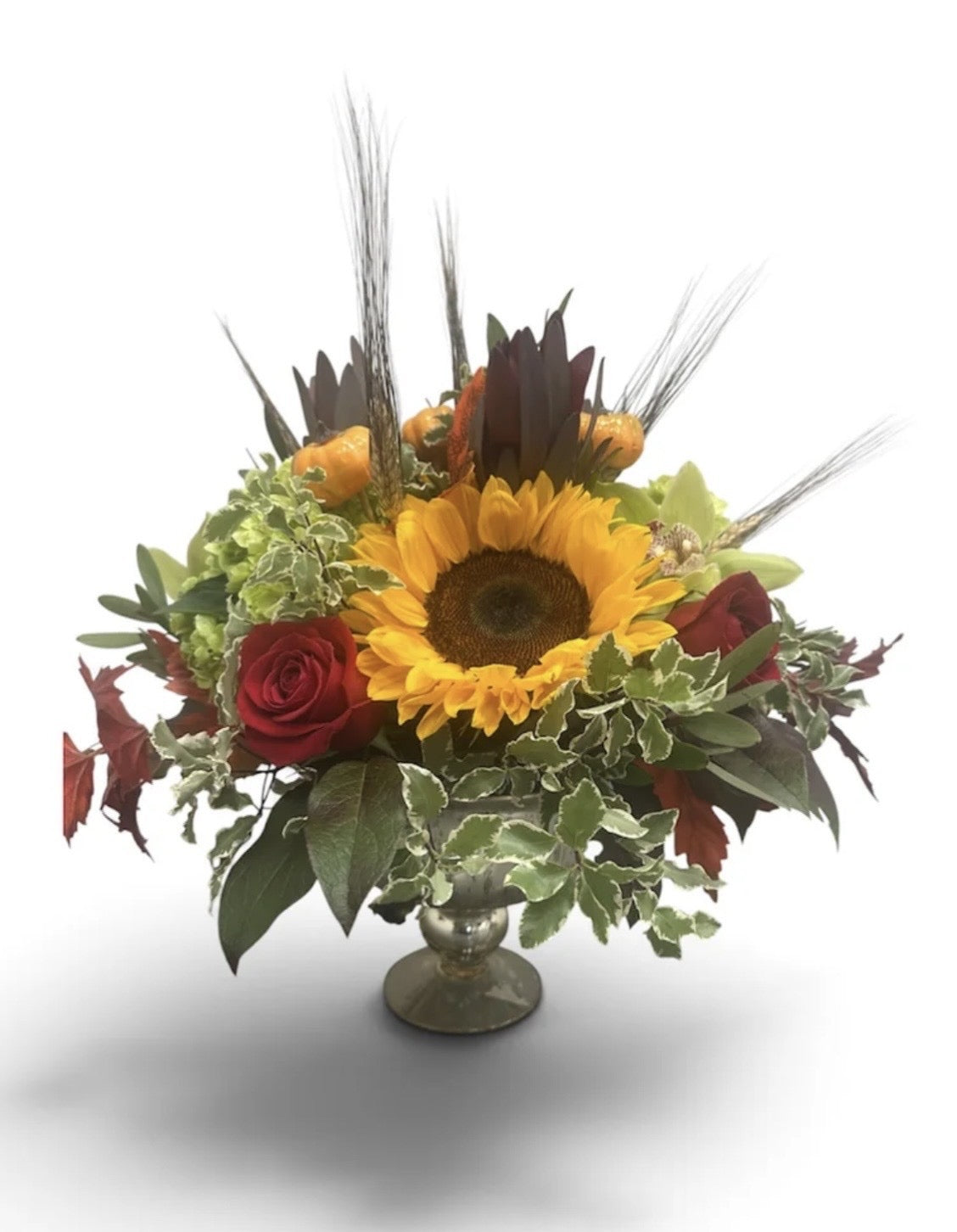 Fall Harvest Sunflower & Red Rose Floral Arrangement in Compote Vase | Autumn Centerpiece for Thanksgiving & Home Decor
