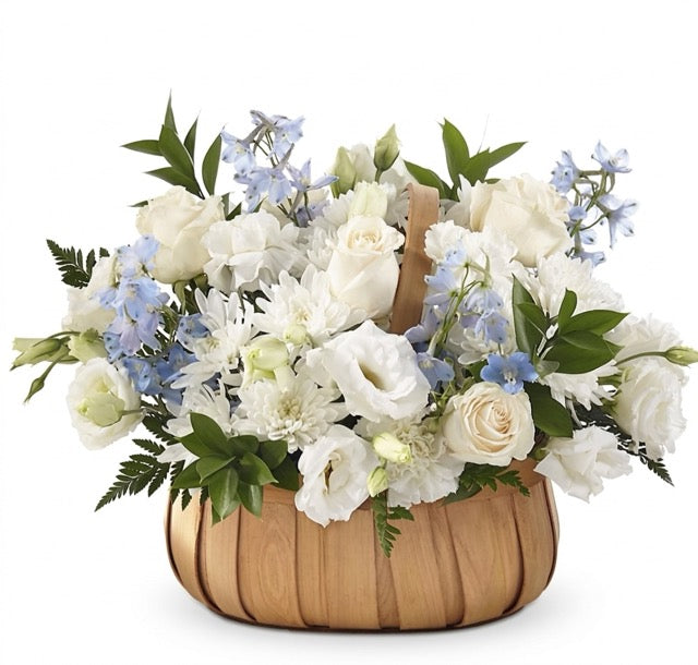 Serene Sky: White & Blue Garden Flower Basket