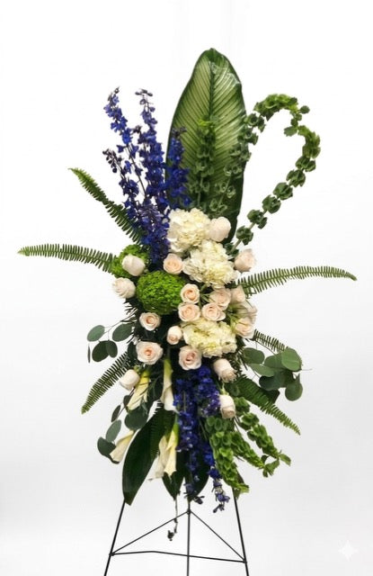 Elegant White & Blue Floral Standing Spray – Eternal Peace Arrangement