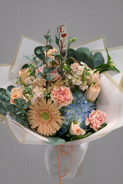 Blue Hydrangea, Peach Roses & Pink Carnations Bouquet