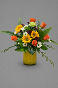 Orange Roses & Sunflowers in Yellow Vase