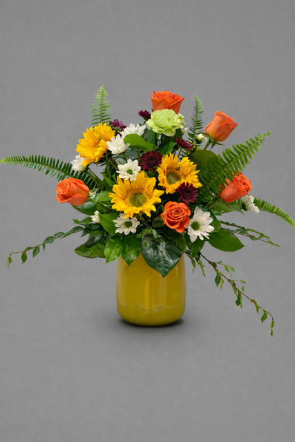 Orange Roses & Sunflowers in Yellow Vase